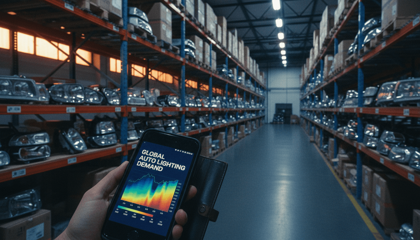Phone showing market demand heatmap in auction warehouse setting