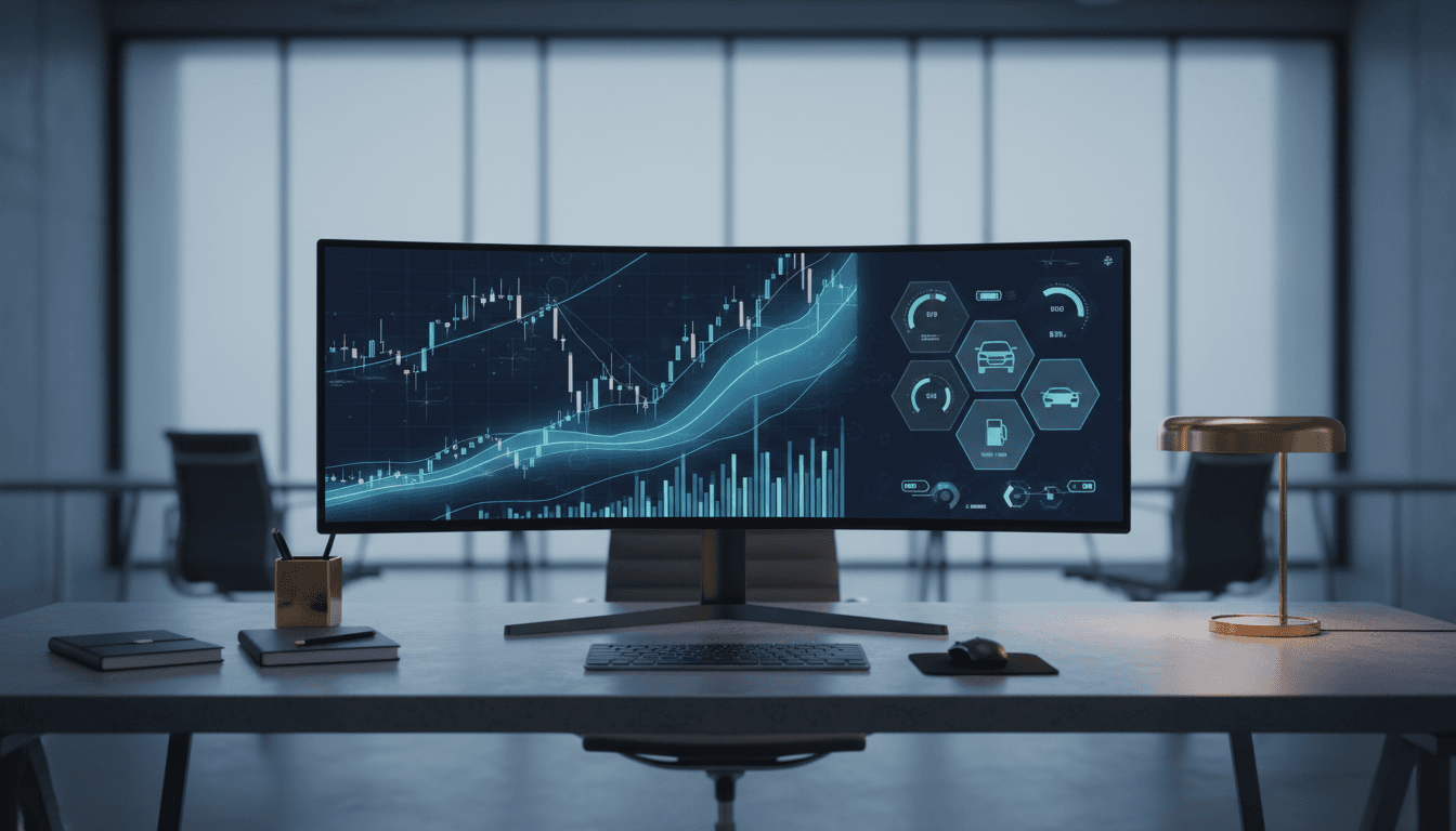 Analyst desk with monitor displaying financial charts and vehicle data